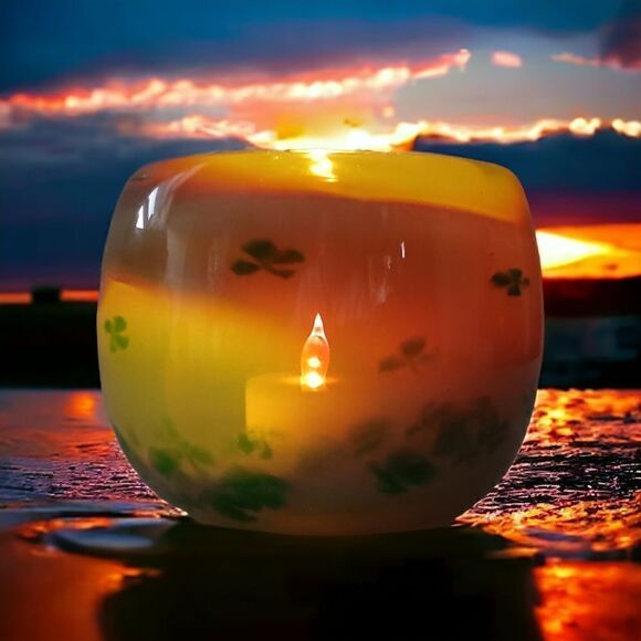 Art Glass Opalescent Candle Holder Votive Tealight Shamrock Signed Lucinda Silva - Picture 12 of 16